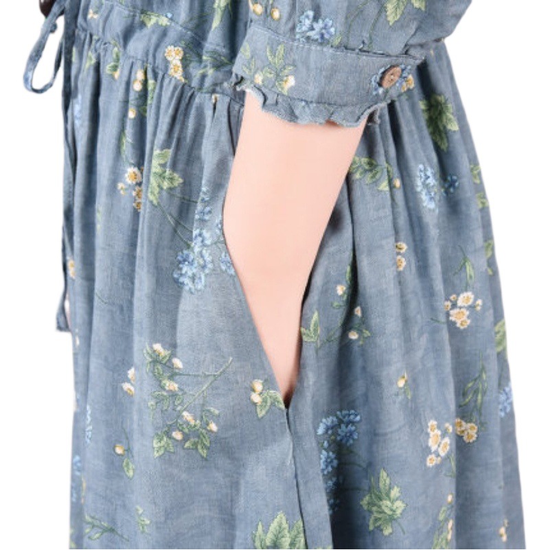 Cotton and linen dress women's 2022 spring new small floral skirt waist slimming lace-up pleated loose plus size women's clothing