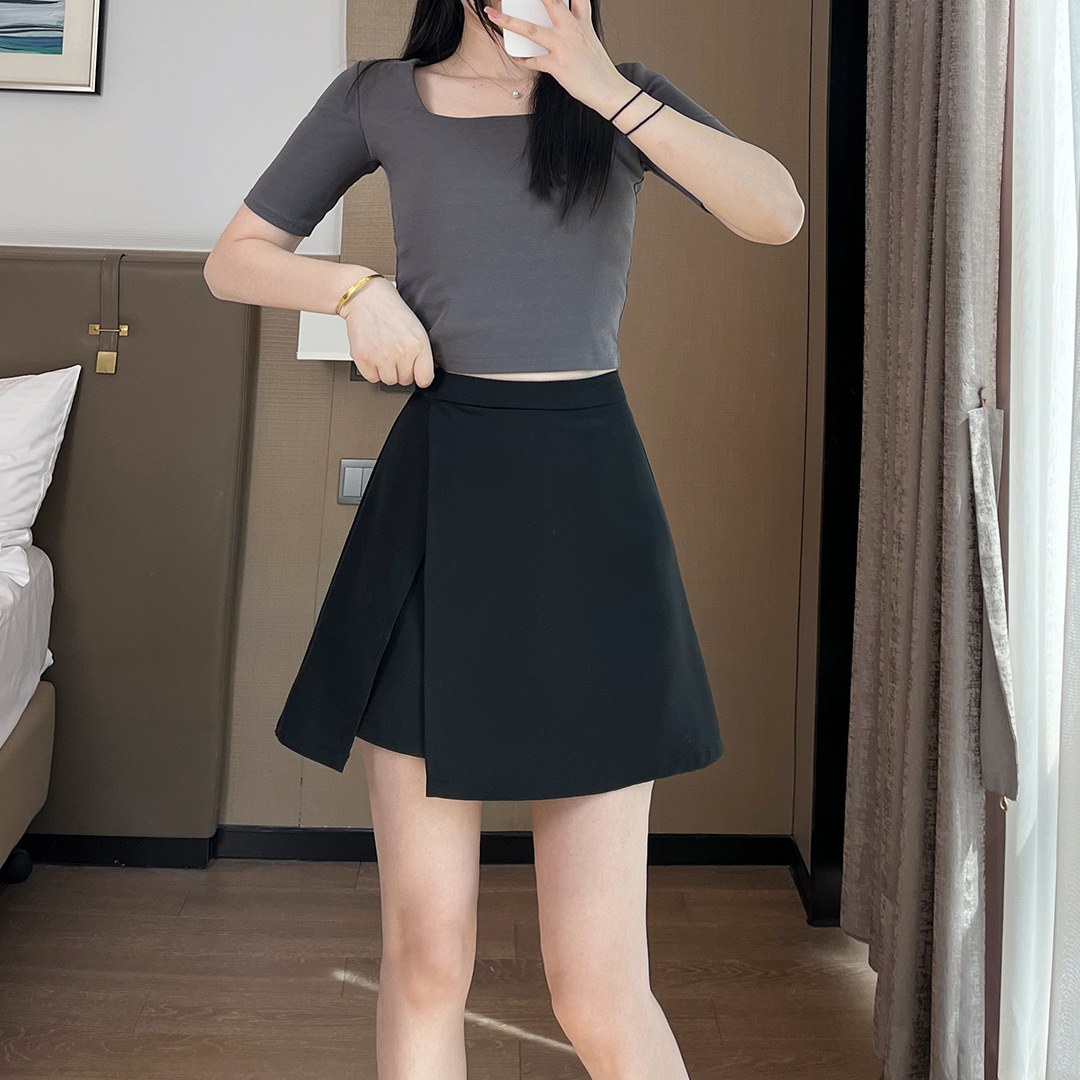 Temperament plus size chubby girl High Waist Slimming Flesh Covering Small Black Skirt Women's Summer Split A- Line Skirt Pants Short Skirt