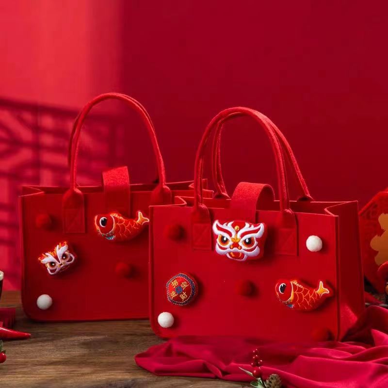 2024 Year of the Dragon Handmade Souvenir Felt Bag Chinese Spring Festival Wedding Full Moon Birthday Handheld Gift Bag National Trend Style