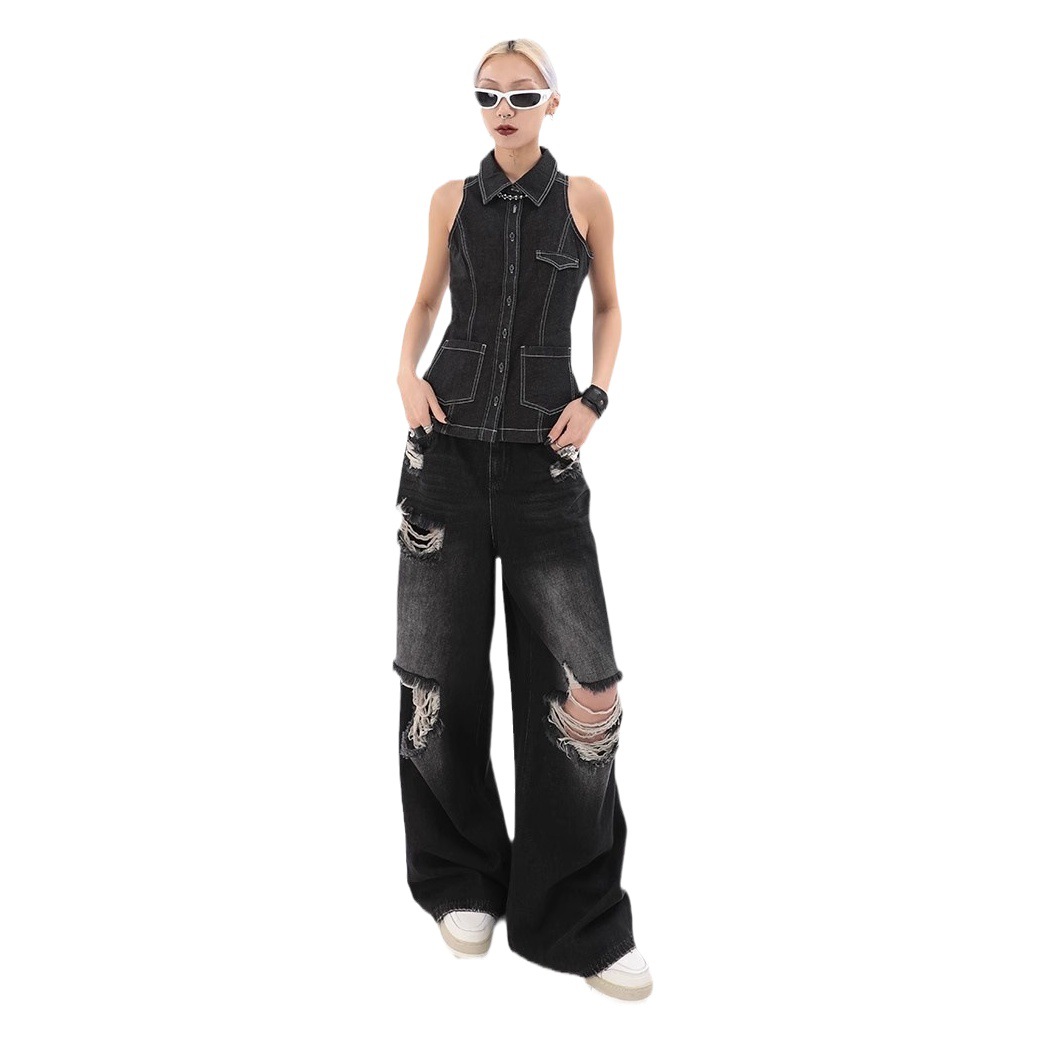 American Retro Ripped Jeans Women's High Waist Straight Loose Slimming Design High Street Vibe Wide Leg Pants