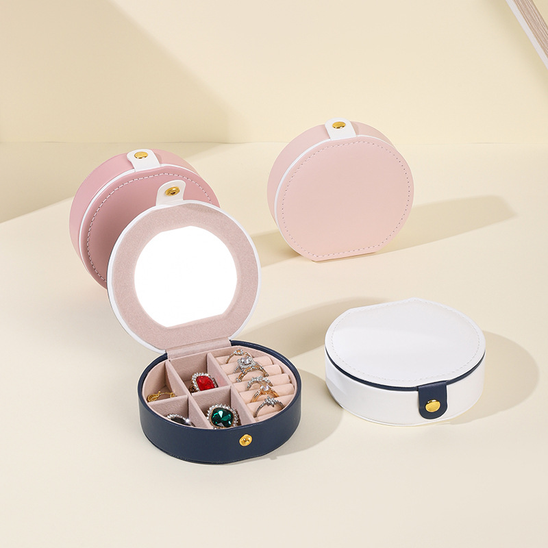 Round Leather Storage Box, Compact and Portable Travel Necklace, Ring and Earring Storage Box, Single-Layer Mini Jewelry Box