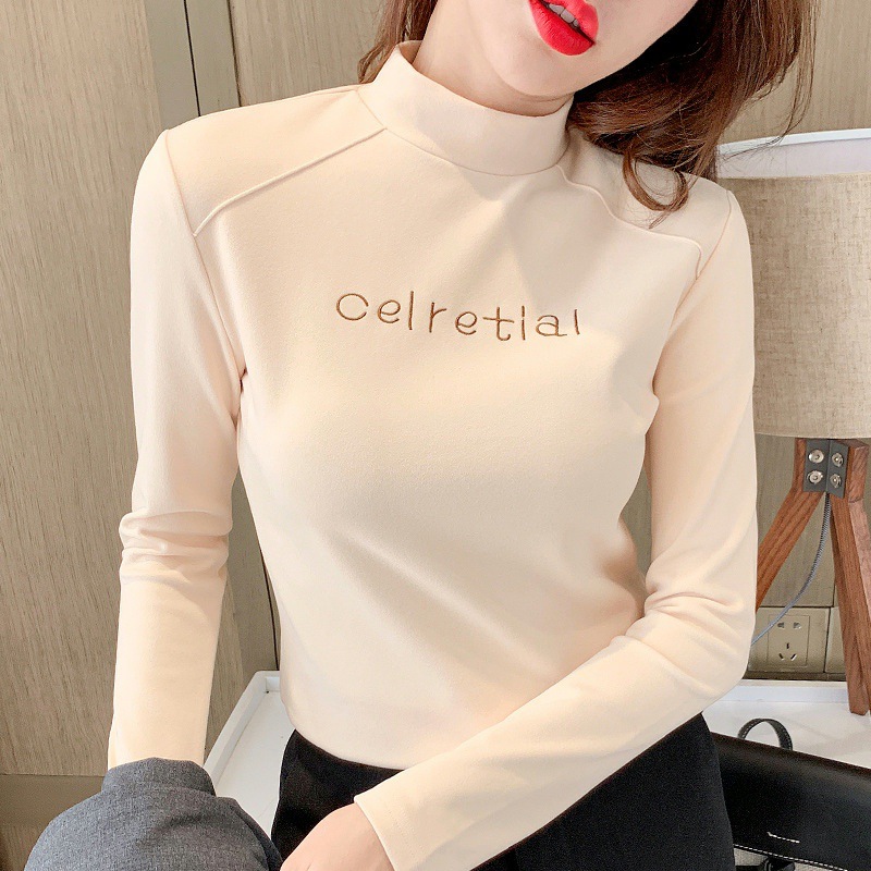 Fleece-lined semi-high collar long sleeve T-shirt bottoming shirt women's autumn and winter letter slim-fit top cross-border Women's foreign trade Wholesale