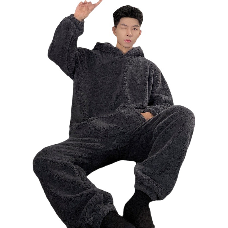 Autumn and Winter new pajamas men's thickened flannel hooded pullover solid color casual warm simple coral fleece home wear