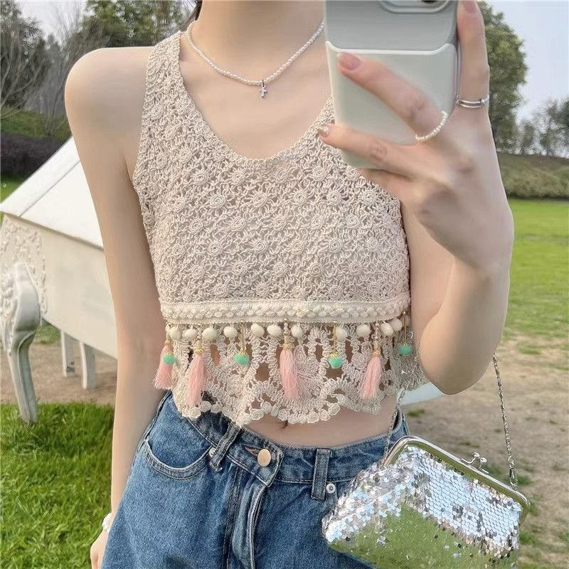 Ethnic style lace hollow vest tassel vest + elastic waist shorts suit sleeveless knitted waistcoat