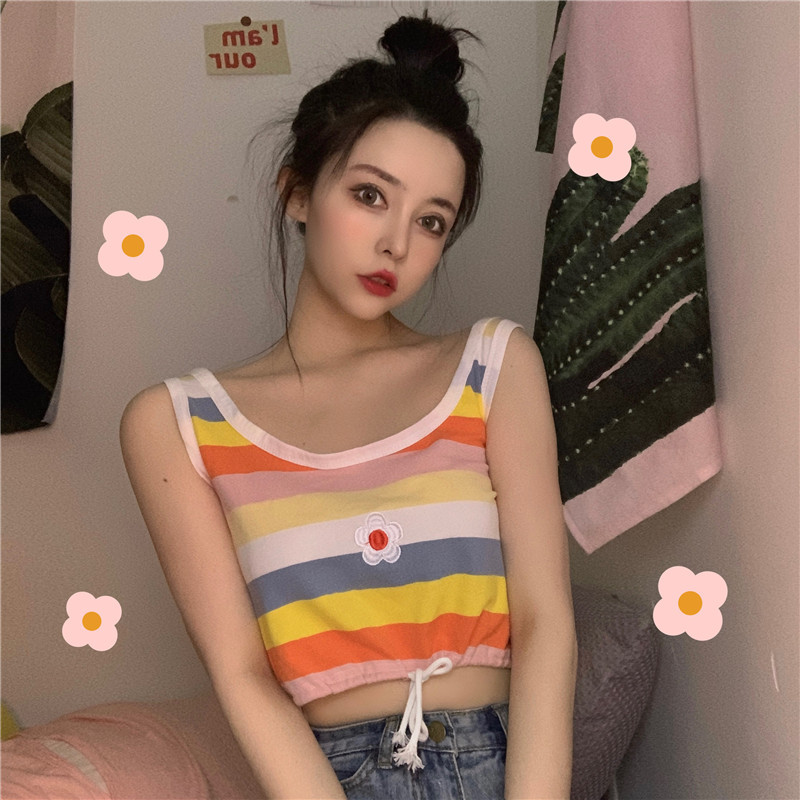 Cross-border 2022 summer new rainbow striped waist-exposed student top navel loose short sleeve t-shirt for women