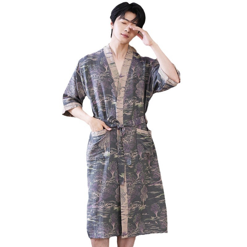 Picture of Class A Spring and Summer Thin Pajamas Pure Cotton Double Gauze Bathrobe Home Clothes Nightgown Couple's Water Absorbent Quick-drying Bathrobe