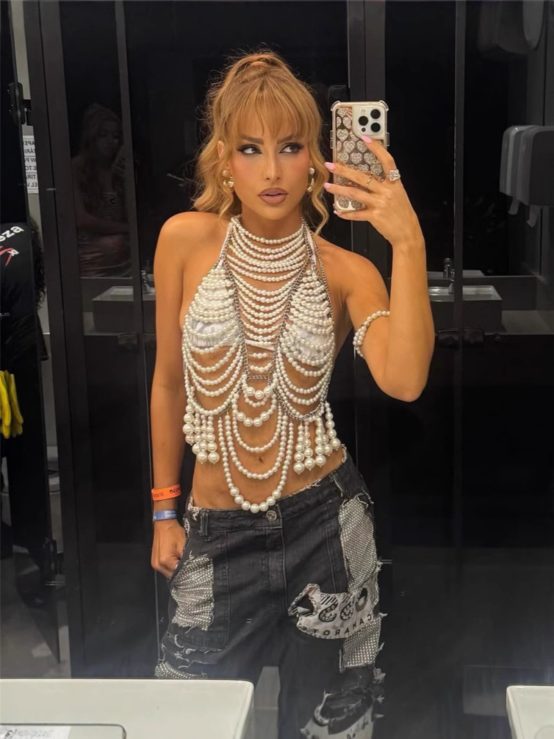2025 European and American Cross-border New Style Spice Girl Outer Wear Sling Pearl Vest Women's Handmade Beaded Accessories Top