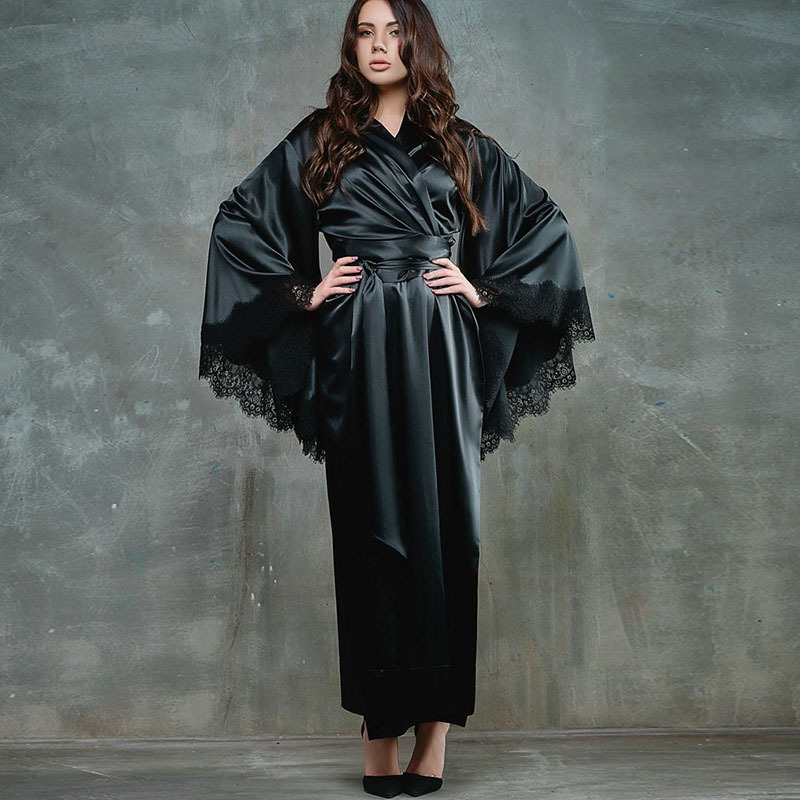 Autumn and Winter home wear women's lace satin kimono nightdress long nightgown sexy plus size pajamas AliExpress hot sale