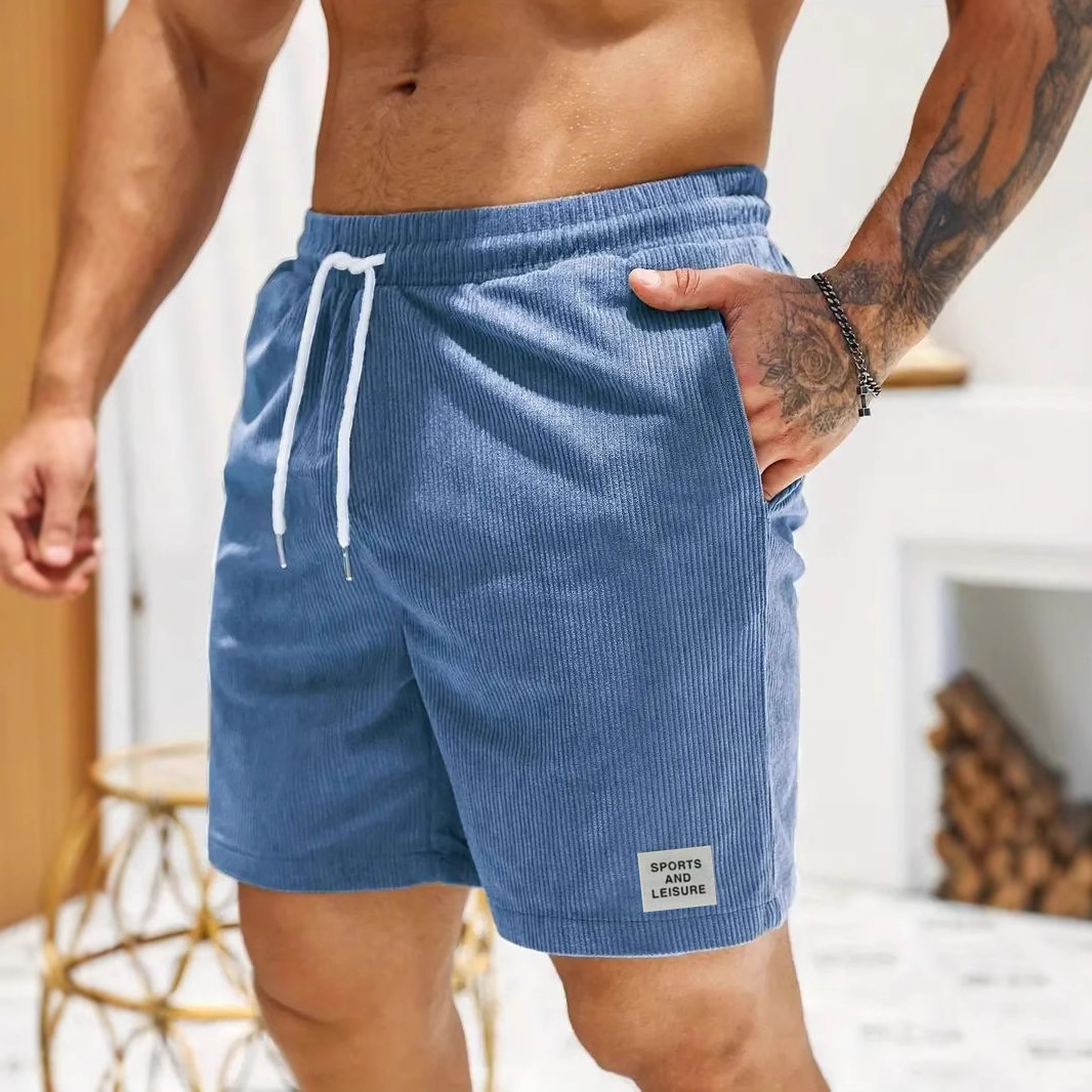 2025 Cross-border Summer Solid Color Lace-up Sports Pants Corduroy Simple Shorts Men's Shorts Casual Pants