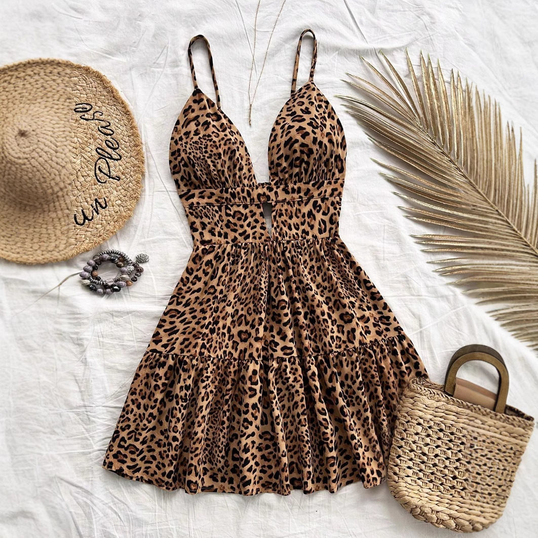 Summer Forest Vacation Seaside Beach Backless Suspender Dress Leopard Print Sexy Sexy Pure Desire Printed Skirt