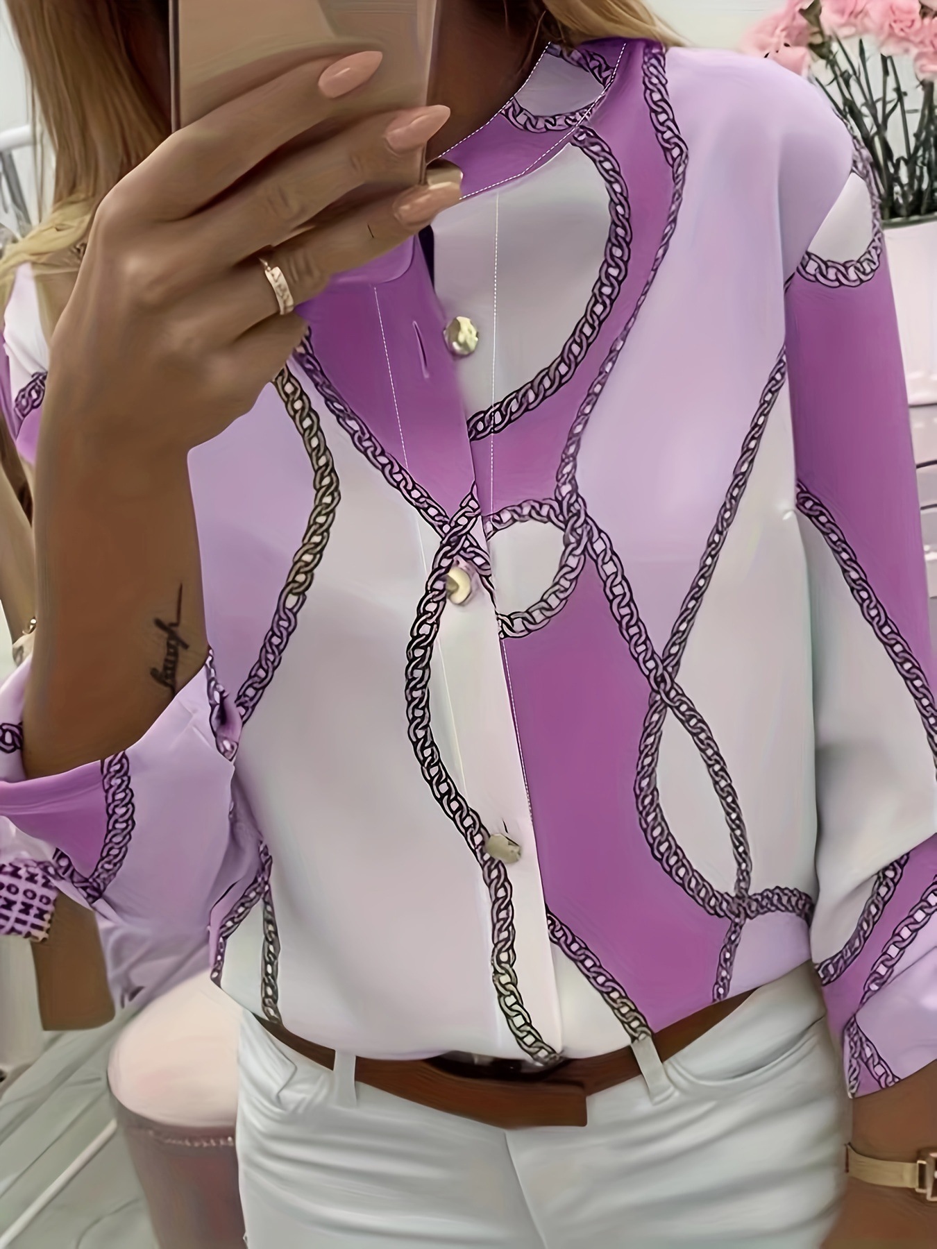 Picture of 2019 European and American wish Amazon autumn and winter chain Printed Lapel long sleeve shirt women's spot
