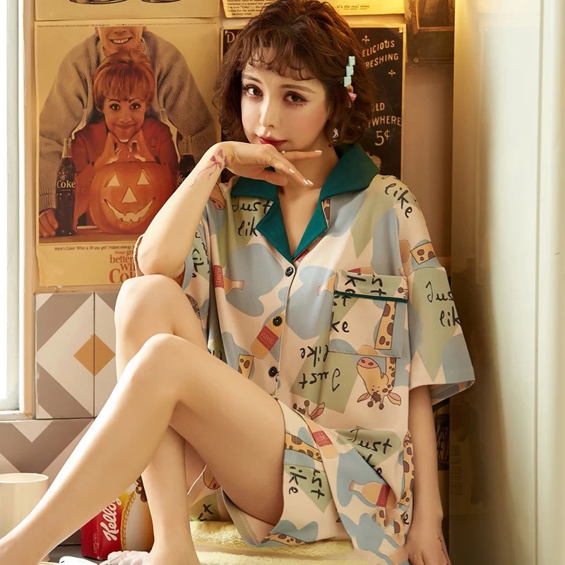 2021 Korean-style Short-sleeved Shorts Pajamas Women's Summer Thin Cotton Home Clothes Cute Home Clothes Two-piece Suit