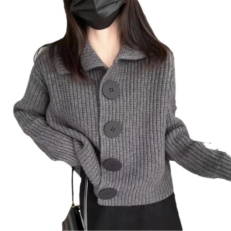 Knitted cardigan women's spring and autumn clothing 2024 new long sleeve loose Korean style fashionable large buckle lapel short sweater coat