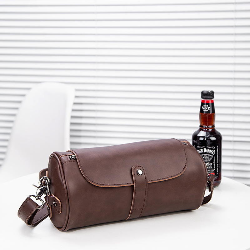 Picture of New Korean Style Fashion Small Leather Bag Retro Crazy Horse Leather Men's Shoulder Crossbody Bag Trendy Cylindrical Bag Ready for Sale