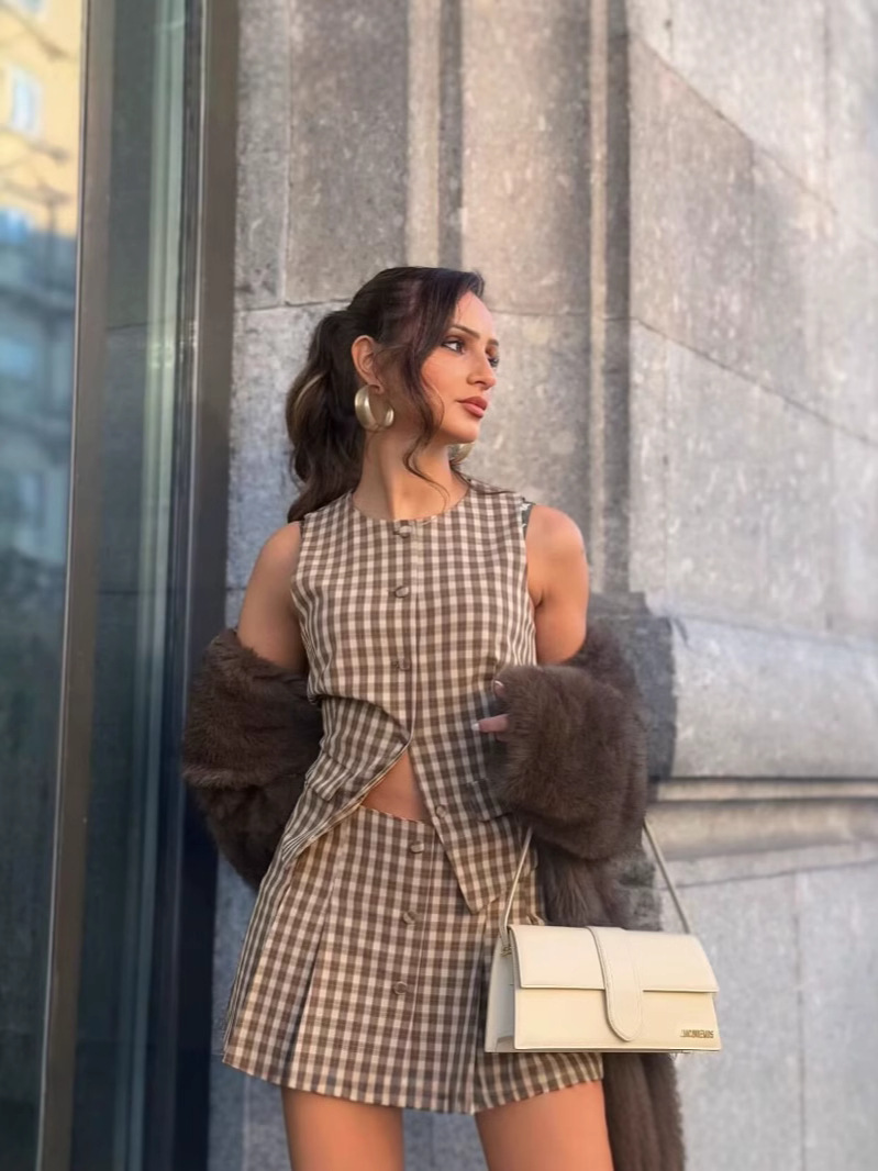 ZA cross-border spring new women's European and American style French fashion design casual plaid sleeveless vest skirt suit