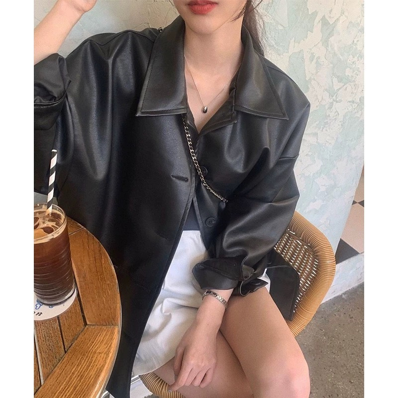 Picture of Korean Handsome Lapel Single-Breasted Leather Jacket for Women Autum New Loose and Versatile Imitation Leather Jacket Top Black