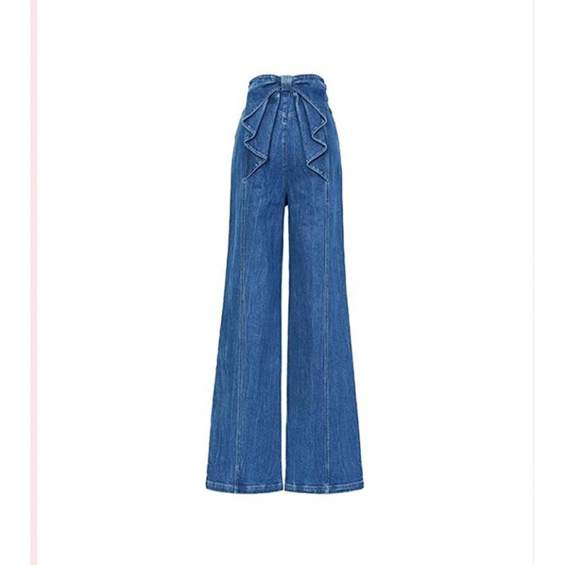 French Design Sense High Waist Bow Straight Jeans Women's Early Spring Elegant Slim-fit Loose Wide-leg Long Pants