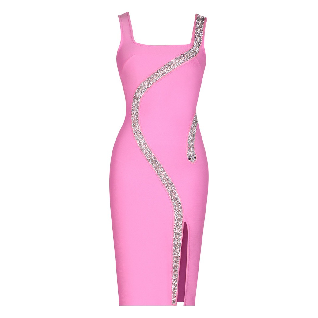2025 New Amazon Hot Sale Women's Strap Backless Snake Rhinestone Knitted Backless Tight Bandage dress