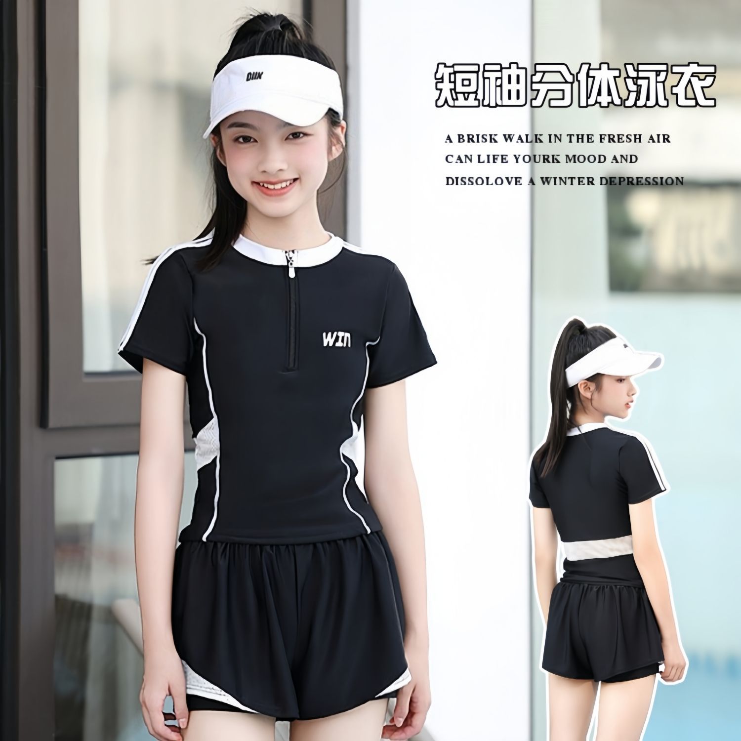Picture of Big Children's Split Swimsuit Women's 2025 Summer Student Sports Style Conservative Boxer Anti-Exposure Swimming Pool Special Swimsuit