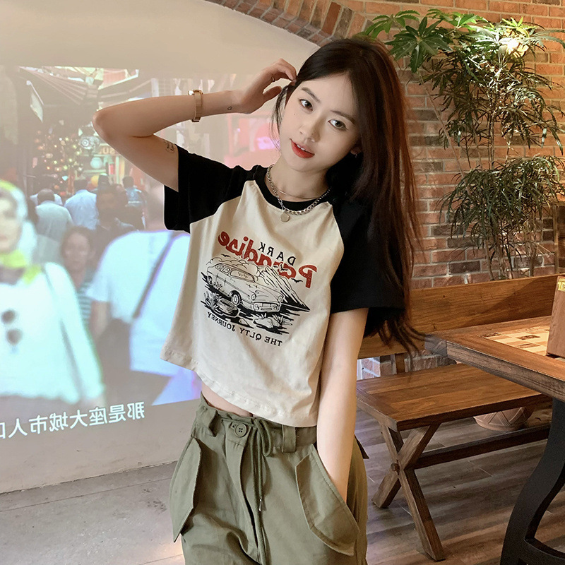 1.9928# Milk Silk 2023 New American Style Retro Printed Summer Slim-fit Short-sleeved T-shirt Women's Top Trendy
