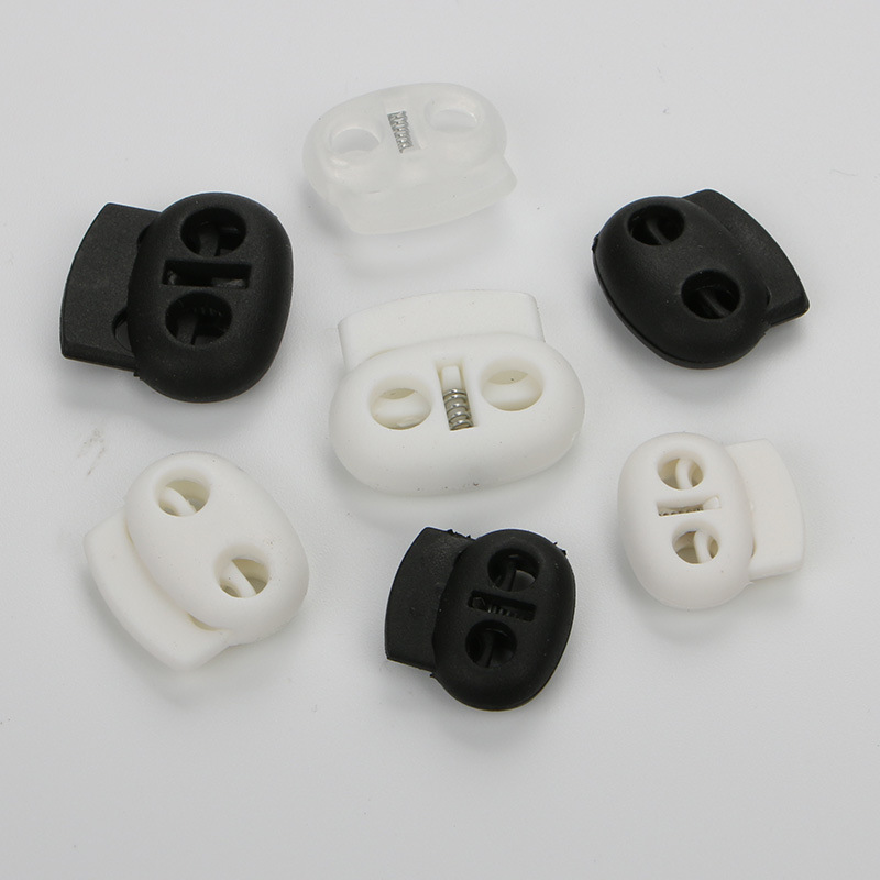 Picture of Manufacturer Plastic Adjustable Elastic Belt Spring Buckle with Rope Pig Nose Buckle Single and Double Holes Round Black Transparent Drawstring Buckle