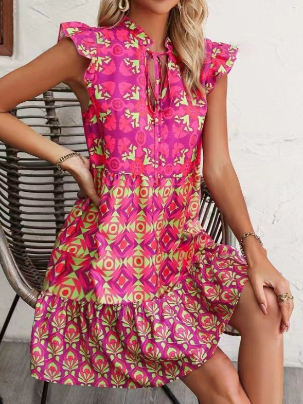 2024 Amazon TEMU shein Cross-border Foreign Trade Women's Wear Flying Sleeve V-Neck Strap Flower dress