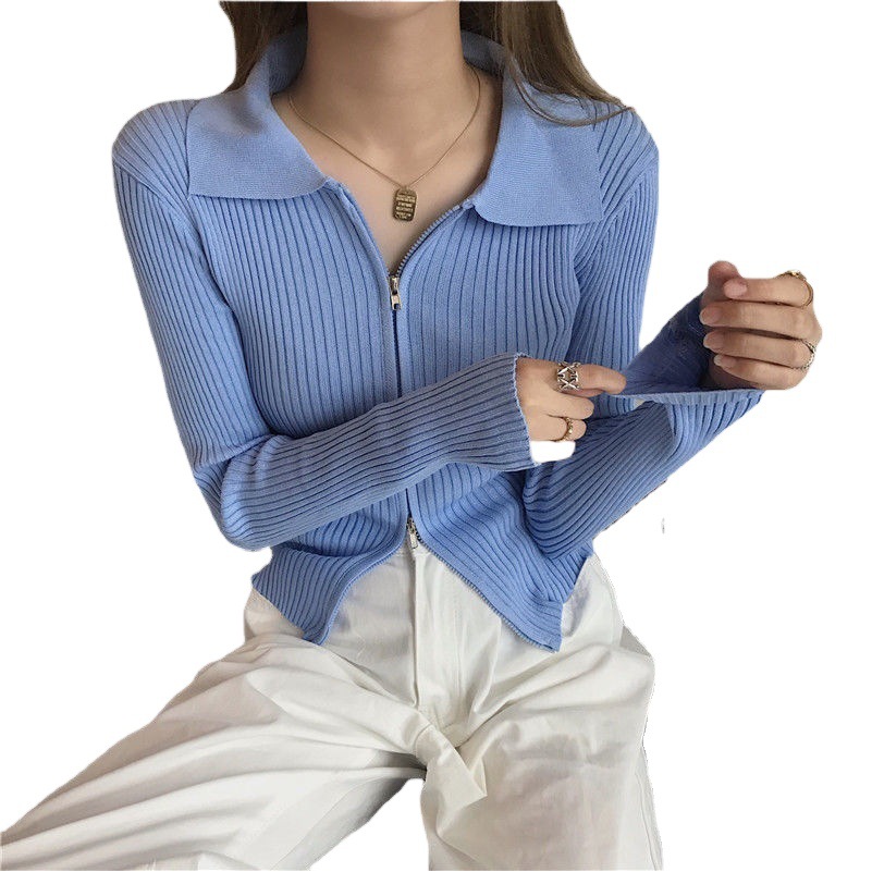 Cross-border Indonesian knitted top women's new hot girl slim-fit short long sleeve design zipper sweater cardigan base