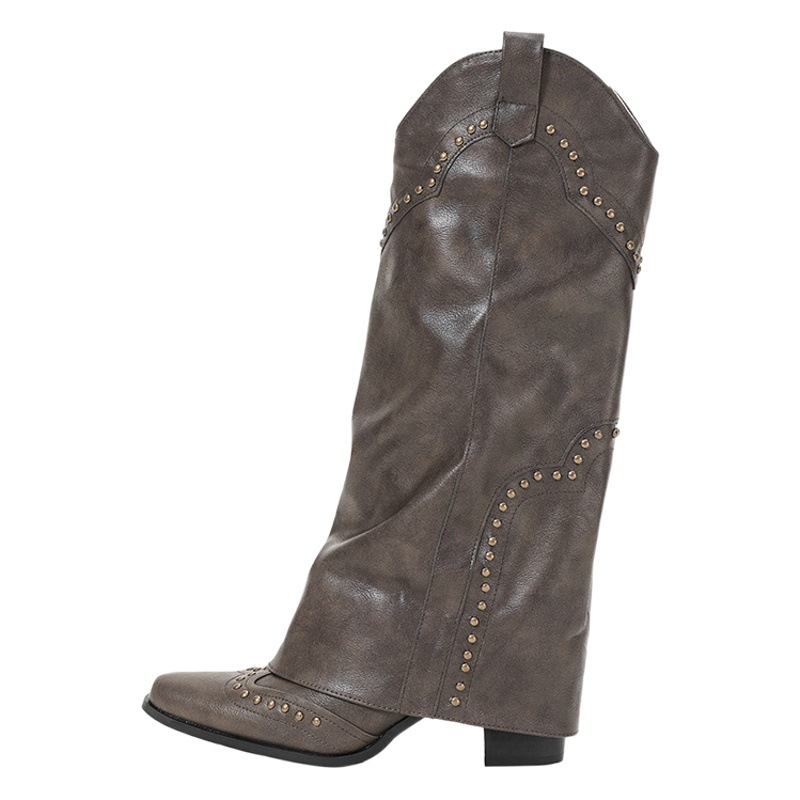 Maillard style genuine leather Western cowboy boots women's long boots retro pointed rivet pants boots mid-calf Knight boots