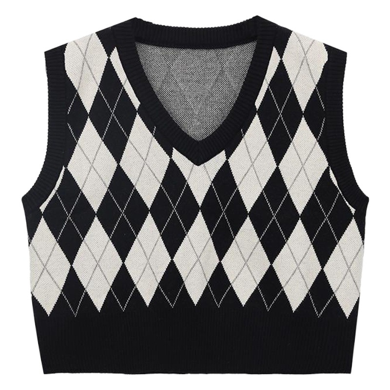 Knitted vest rhombus contrast color round neck sleeveless women's summer Korean style versatile slimming small stacked top fashion