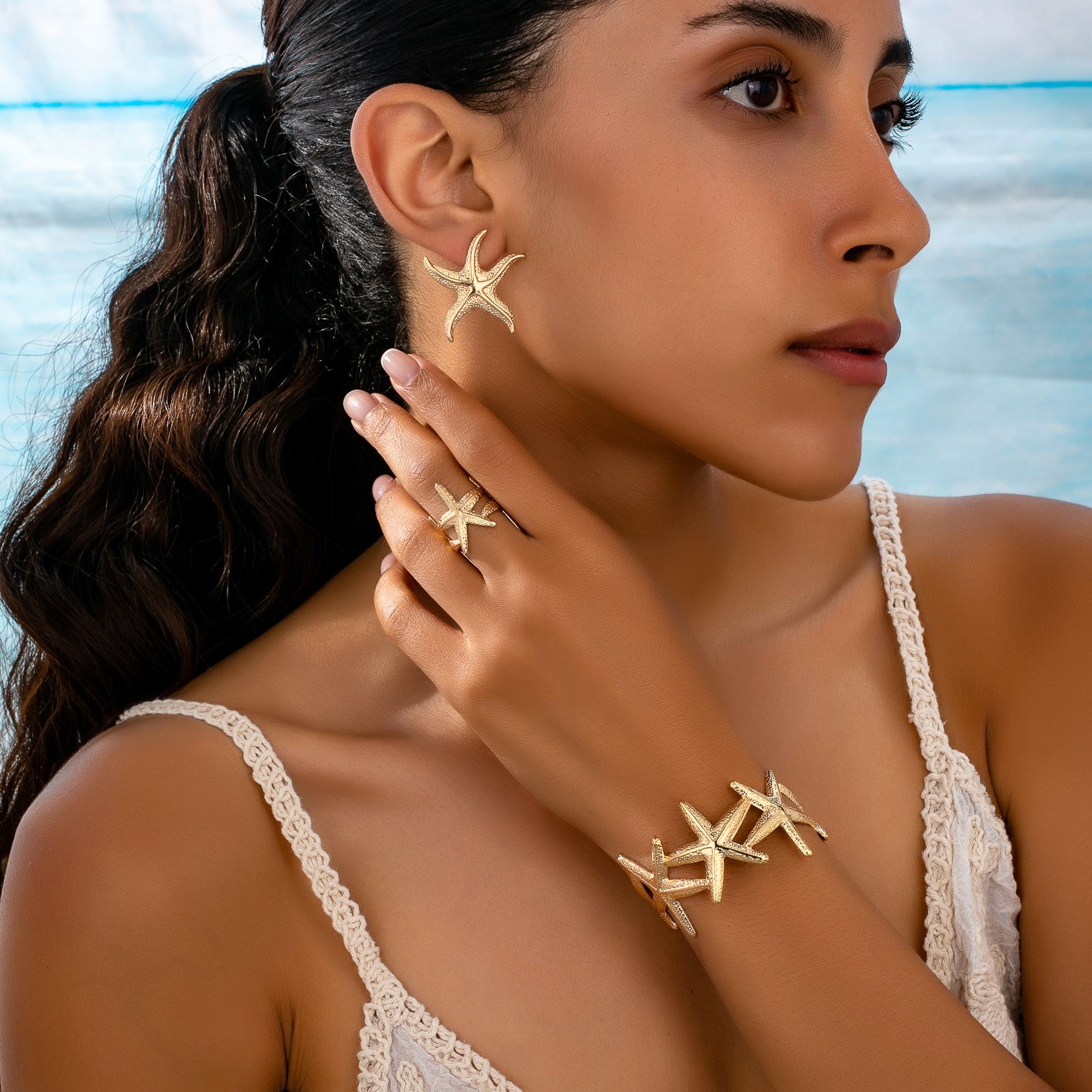 Cross-Border Hot Selling Niche Frosted Starfish Earrings, Rings and Bracelets Set Suitable for Women to Wear on Daily Beach Vacations