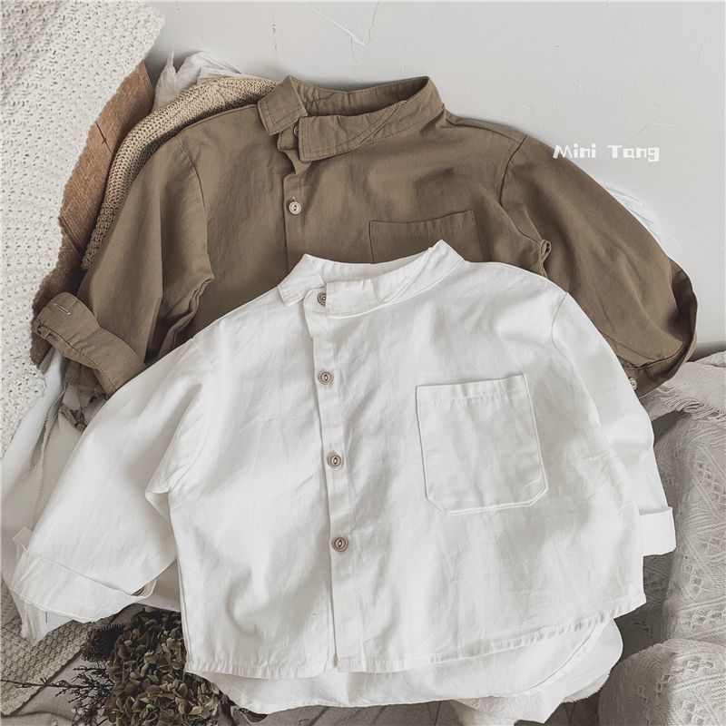 Korean Style Children's Shirt Autumn Solid Color Men's and Women's Children's Coat Long Sleeve Loose Cardigan Children's Cotton and Linen Shirt