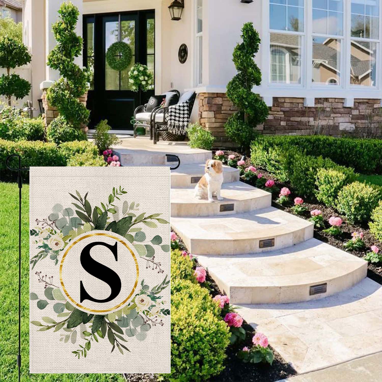 Picture of Simple ins style 26 letters + green plant printed linen garden flag surname initials courtyard door flag