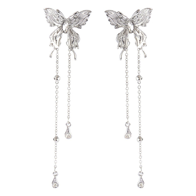 Silver Needle Immortal Fleshy Butterfly Super Long Tassel Earrings Fresh Sweet Pleated Diamond Earrings Ins Wind Chain Earrings