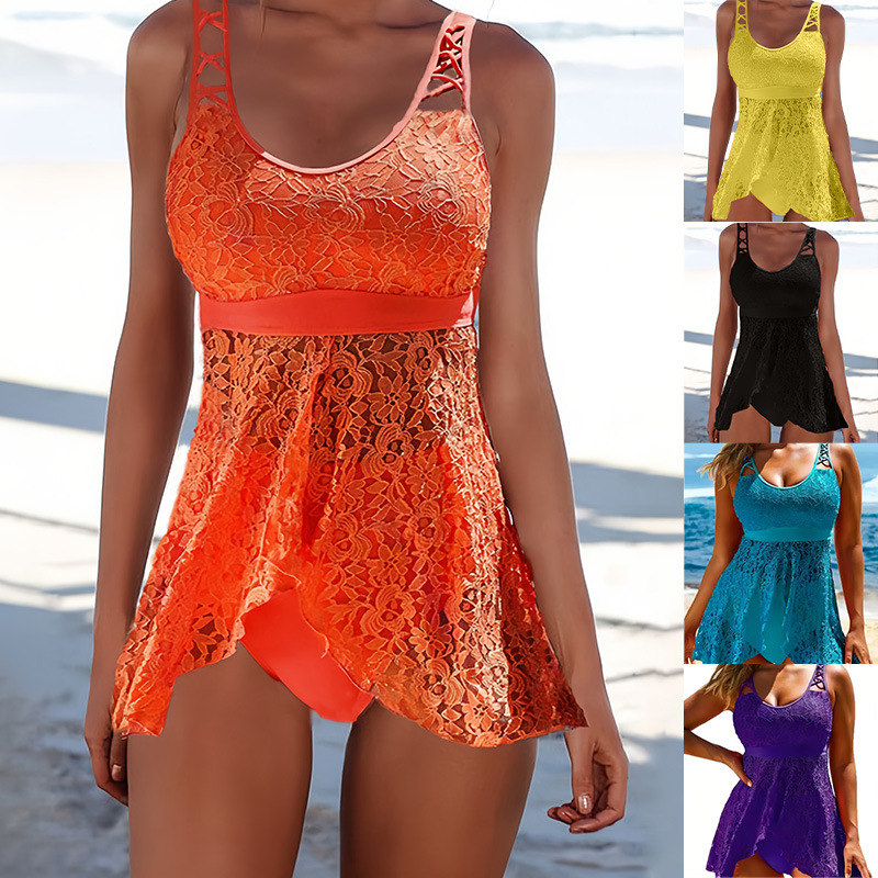Cross-Border New Split Swimsuit Female Sexy Bikini European and American Mumi Mesh High Waist Conservative Solid Color Swimsuit for Women