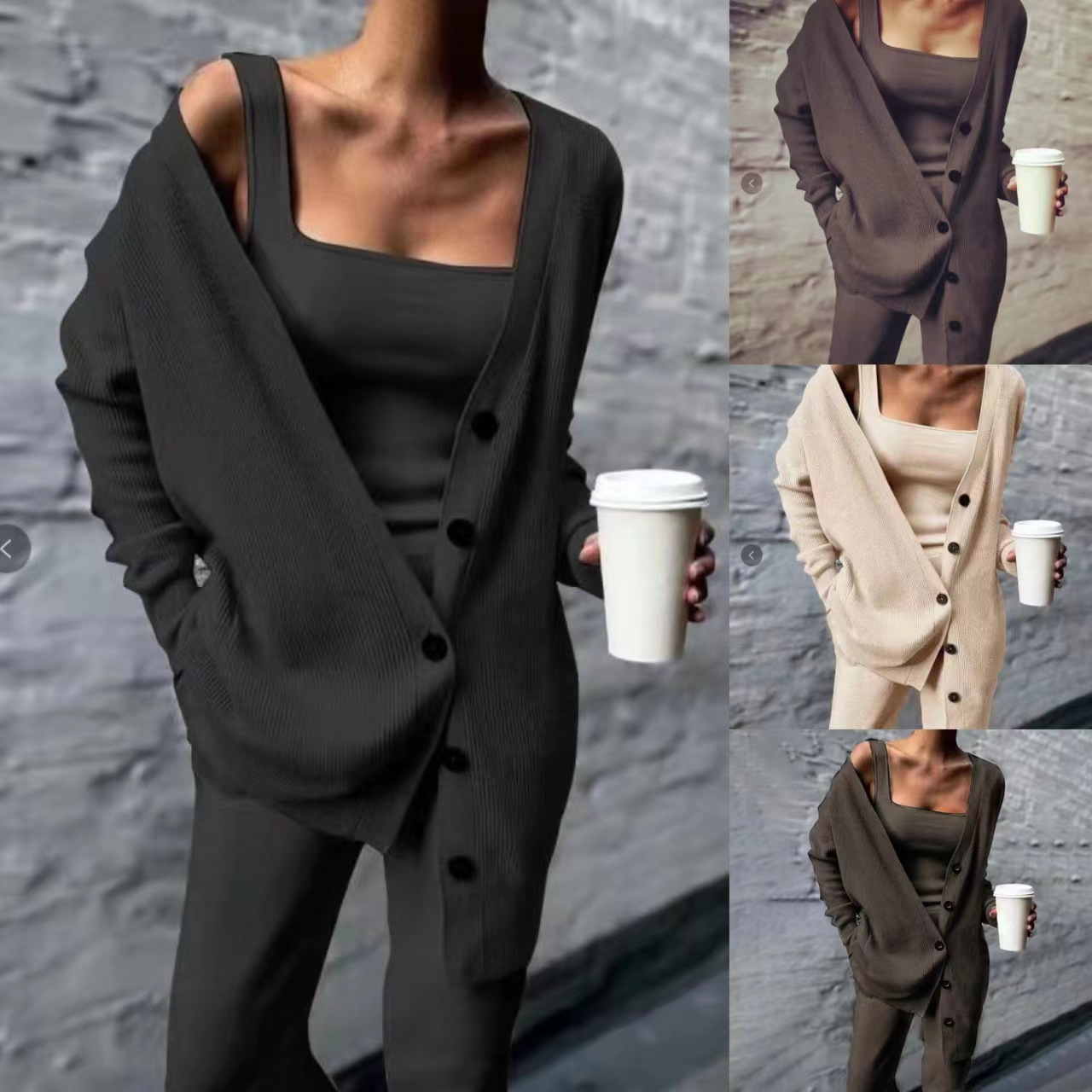 Knitted three-piece women's 2023 spring and autumn cross-border Amazon new European and American women's jacket vest pants set
