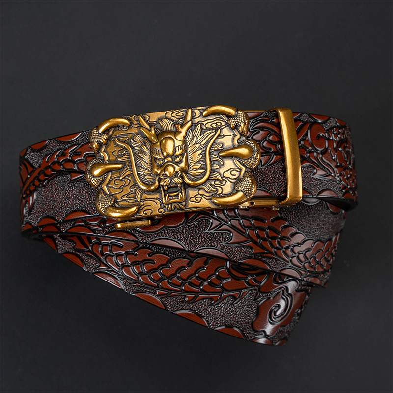 Men's Automatic Belt Faucet Carved New Dragon Belt Retro Casual Domineering Personality Two-layer Cowhide Belt