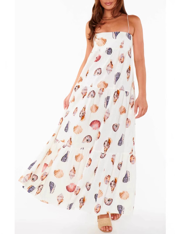 2024 European and American Spring and Summer New Sling Printed Layered dress Conch Shell Printed Pocket dress Women