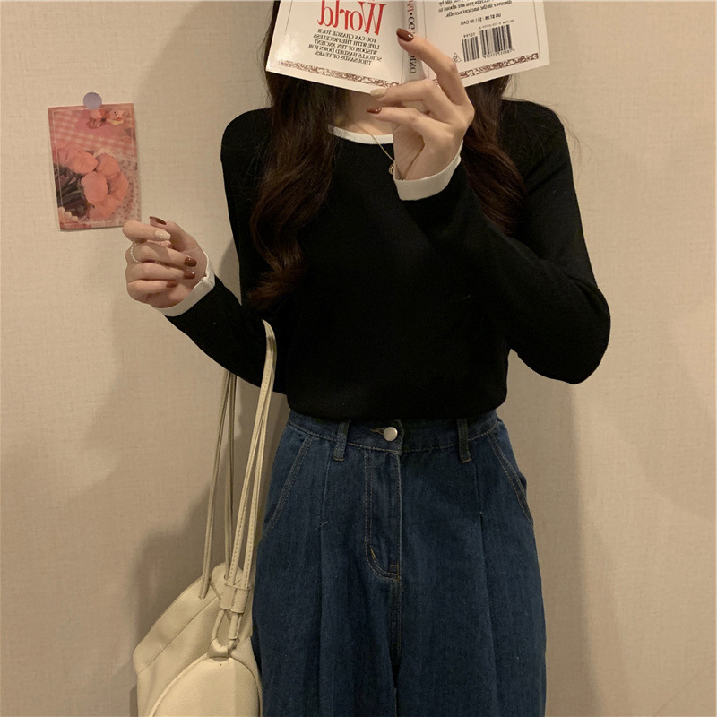 Picture of Intercolor Bottoming T-Shirt for Women in Autum New Long-Sleeved Niche Design Slim Round Neck Short Thin Top Wholesale