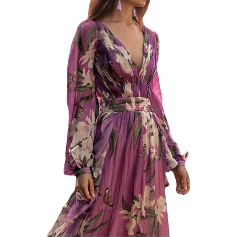 Boho Summer Sexy Dress Pastoral Style Bohemian Elegant V Neck Printed Large Swing Dress for Women