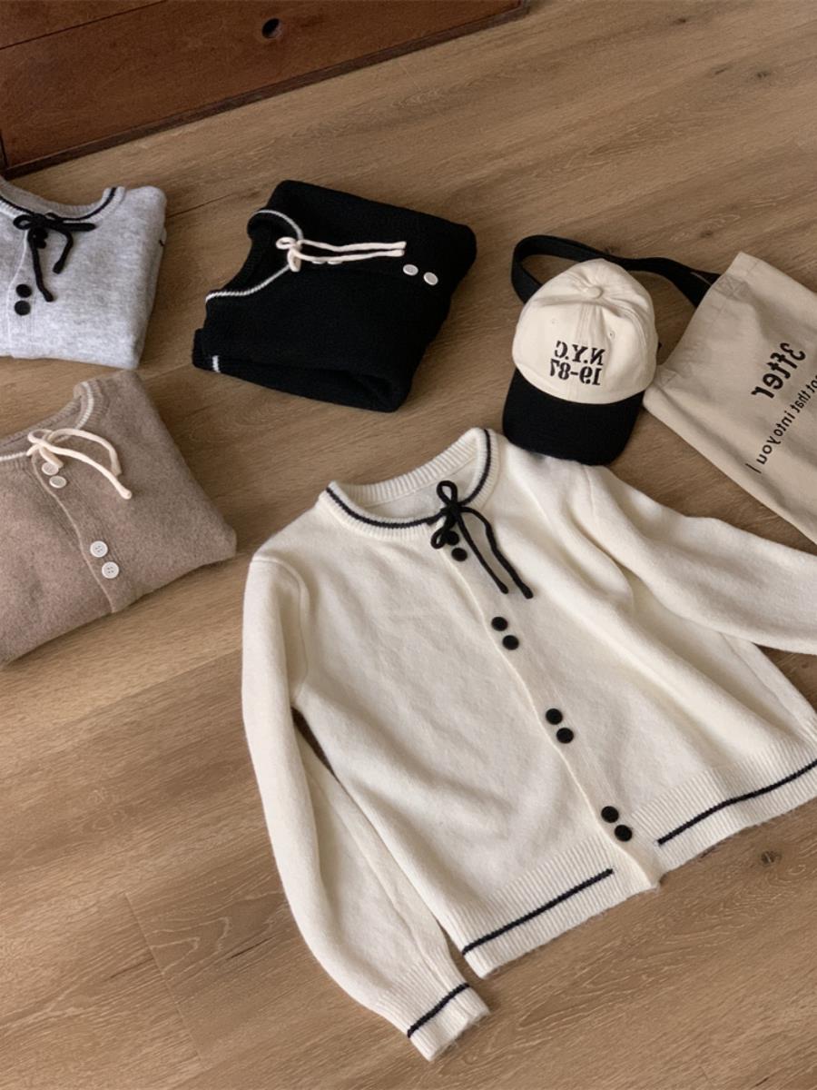 Export Japan and South Korea Double Buckle Round Neck Contrast Color Lace-up Basic Versatile Elegant Soft and Comfortable Knitted Jacket Cardigan