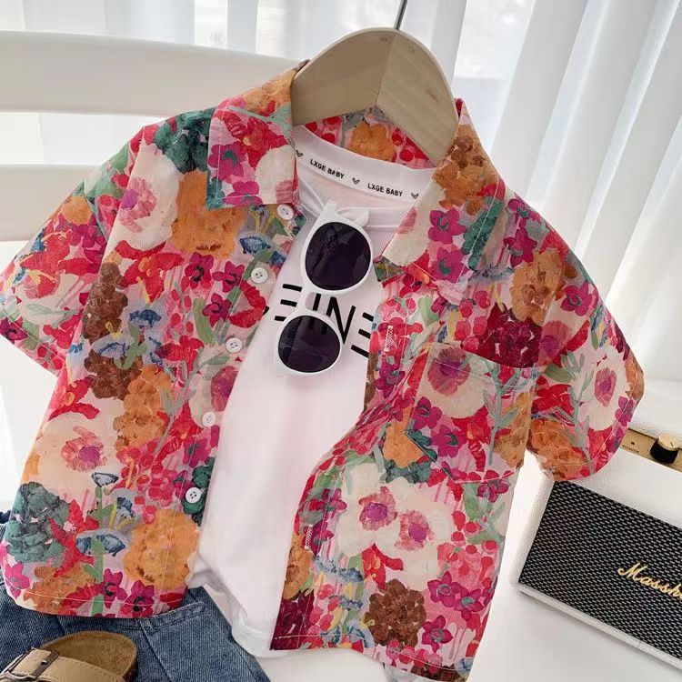 Picture of Little Sun Vacation Style Kidsren's Summer Short-Sleeved Shirt Boys Lapel Shirt Baby Top Jacket Thin Section