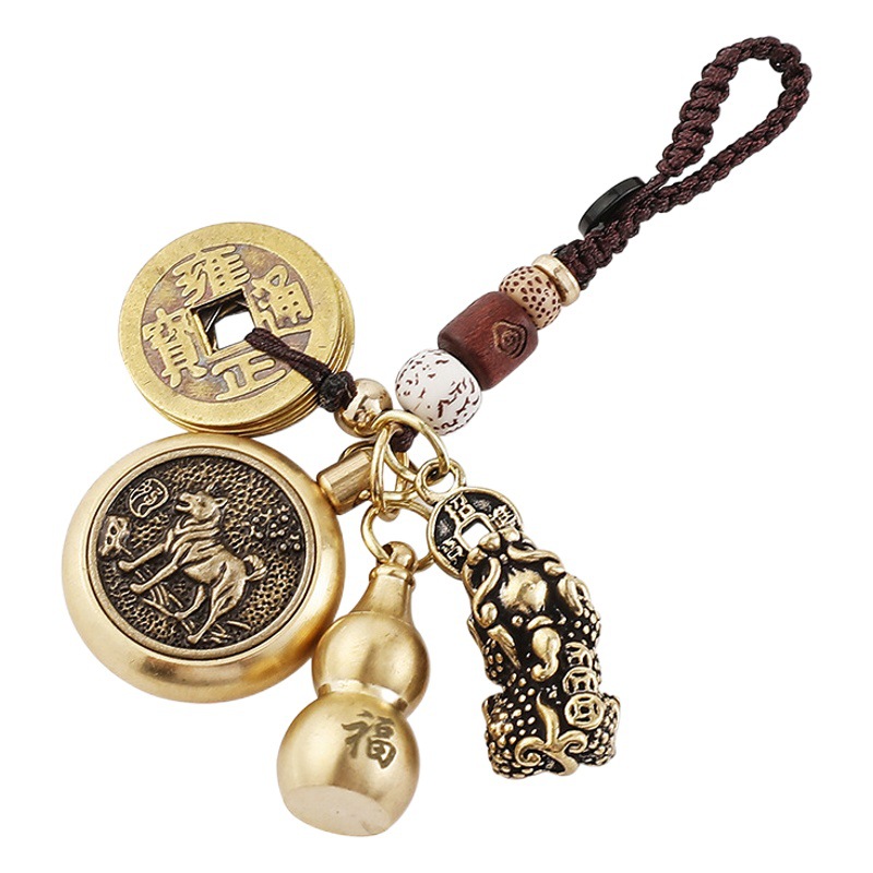 Tiktok twelve Zodiac pure brass chopsticks keychain pendant can hold cinnabar gourd five Emperor money ornaments wholesale
