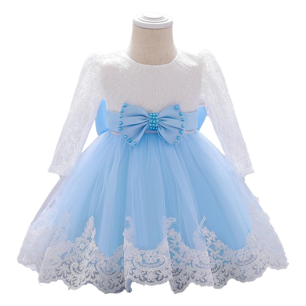 Picture of Amazon one-year-old dress long sleeve lace stitching wash dress bow beaded girl dress