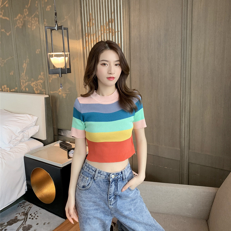 Cross-Border Colorful Striped Cropped Short-Sleeve Knit T-Shirt 2025 Summer New Korean Version Women's Slim Fit Ins