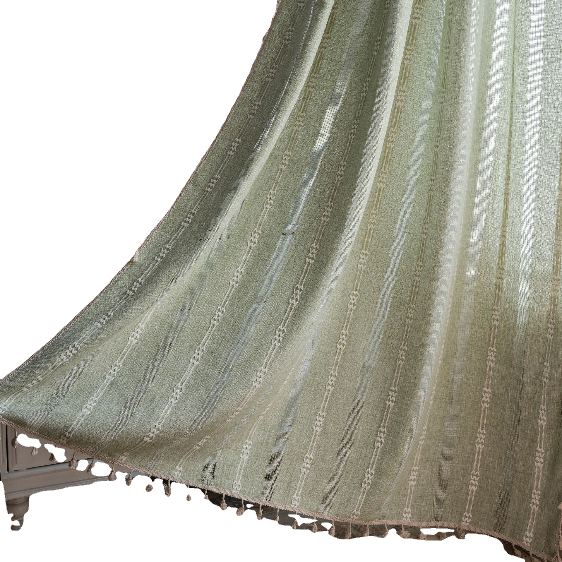 Picture of Yuman Qiyun Curtain Finished Green Plain Stripe Embroidered Curtain Semi-Shaded Hollow Kitchen Living Room Window Curtain
