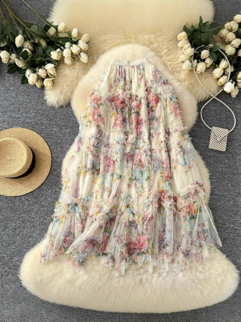 Heavy Industry Beaded Fairy Gauze Skirt 2025 New Multi-Layer Cake Skirt High Waist Slimming Mid-Length A- Line Skirt for Women