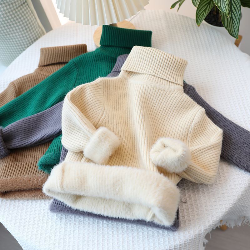 Picture of [in stock boys' one-piece velvet sweater children's semi-turtleneck sweater girls white fleece-lined thickened wool low
