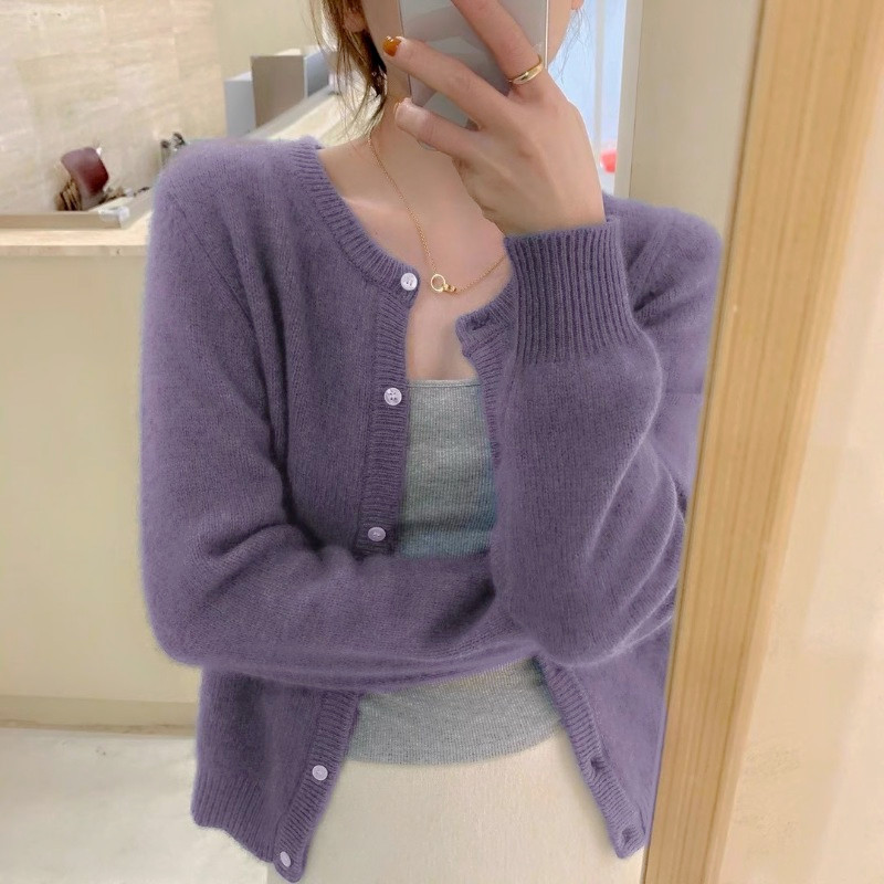 Raccoon Fur 2023 Spring & Fall New Round Neck Purple Short Knitted Small Cardigan Loose Outer Sweater Jacket for Women