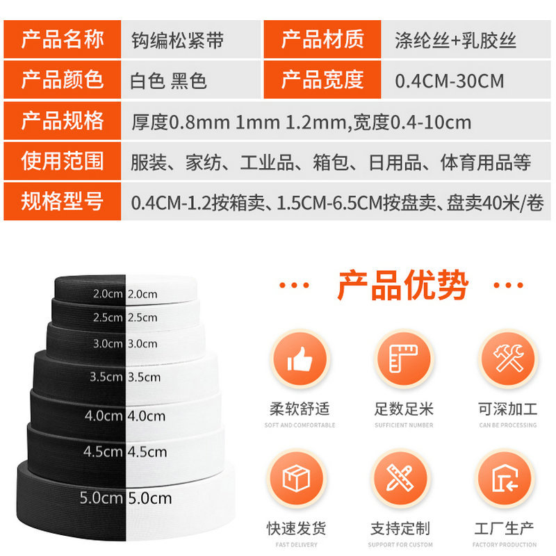 Picture of Manufacturer Wholesale Accessories Black and White Hemmed Elastic Band Thickeneded Waist Clothing Flat Elastic Plain Weave Crochet Elastic Band