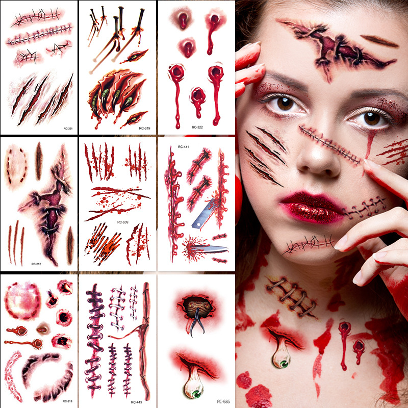 Halloween Scar Tattoo Sticker Simulation Scar Bloody Wound Thriller Makeup Makeup Party Face Sticker Spot New